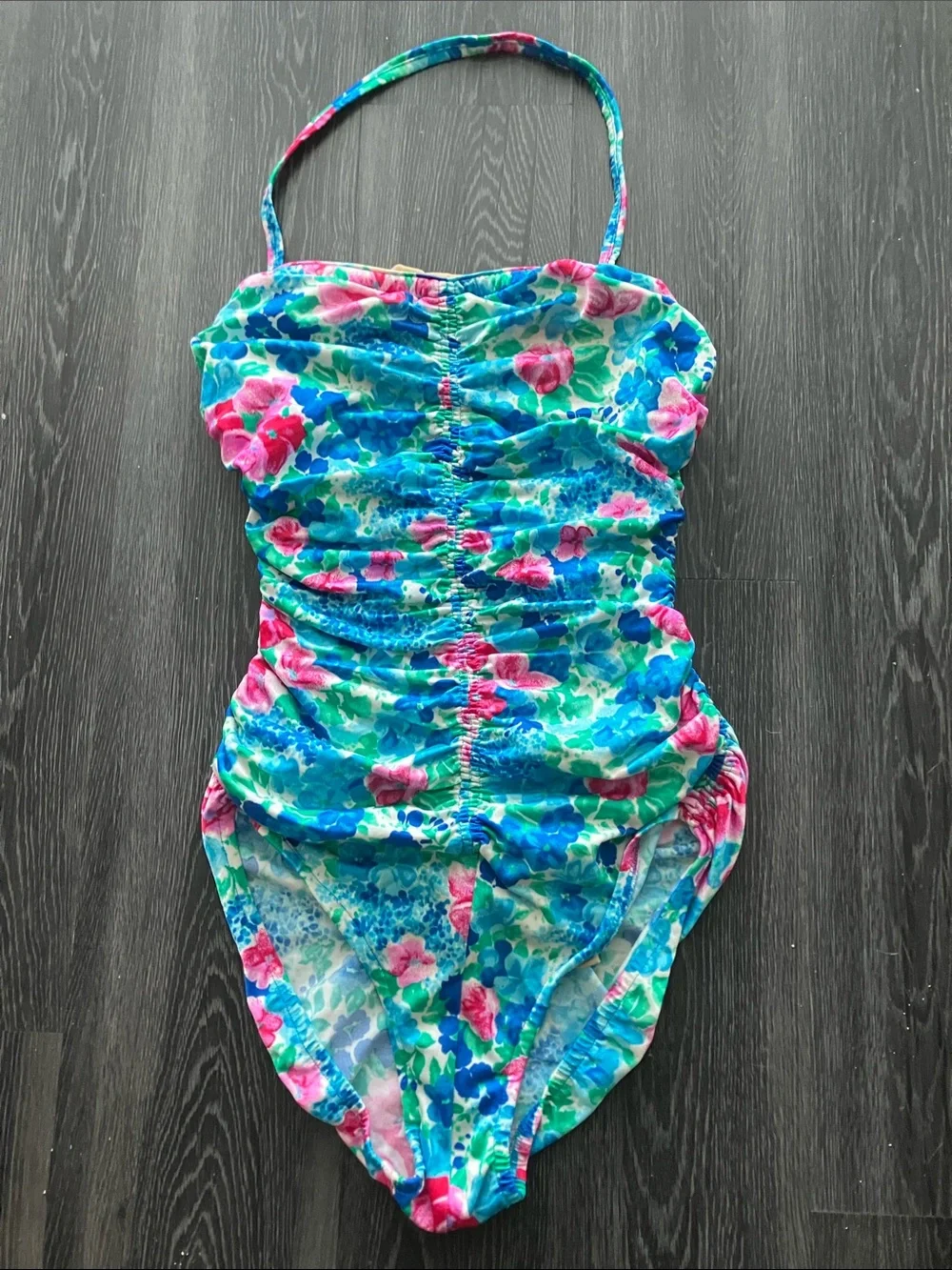 Vintage 80s Bright Blue & Pink Watercolor Floral One Piece Swimsuit